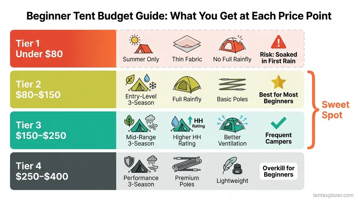 Chart showing tent quality and features available at each price point from $50 to $400 for beginner campers