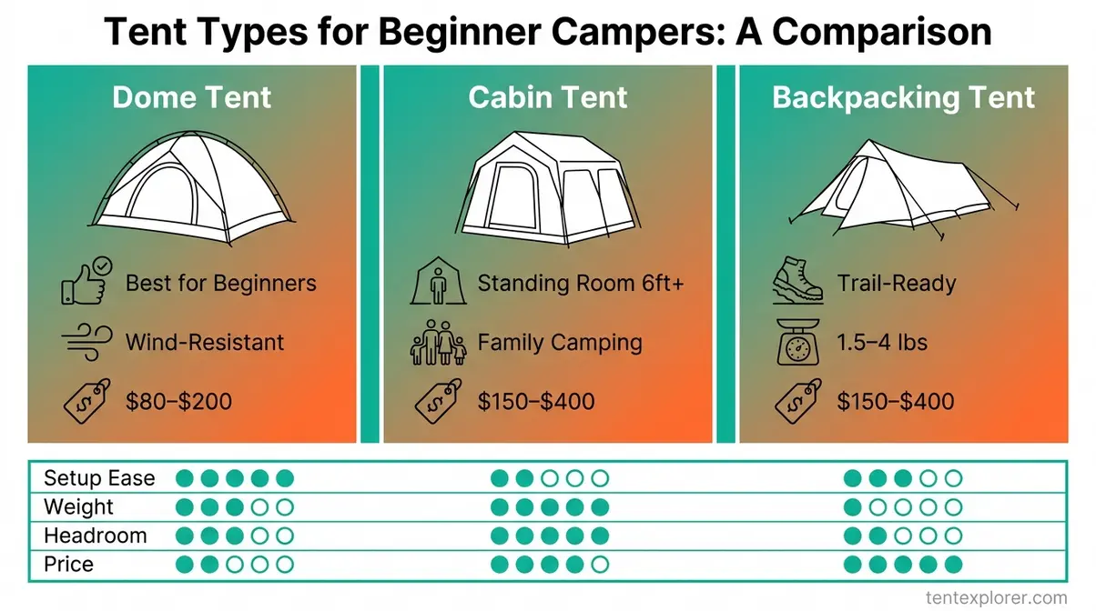 Infographic comparing dome, cabin, and backpacking tent types with pros, cons, and best uses for beginners