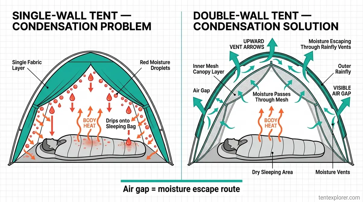 Diagram showing how double-wall tent design prevents condensation compared to single-wall tents for beginners