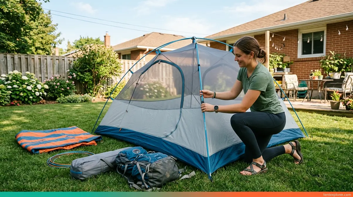 Beginner camper practicing tent setup in backyard before first camping trip using color-coded poles