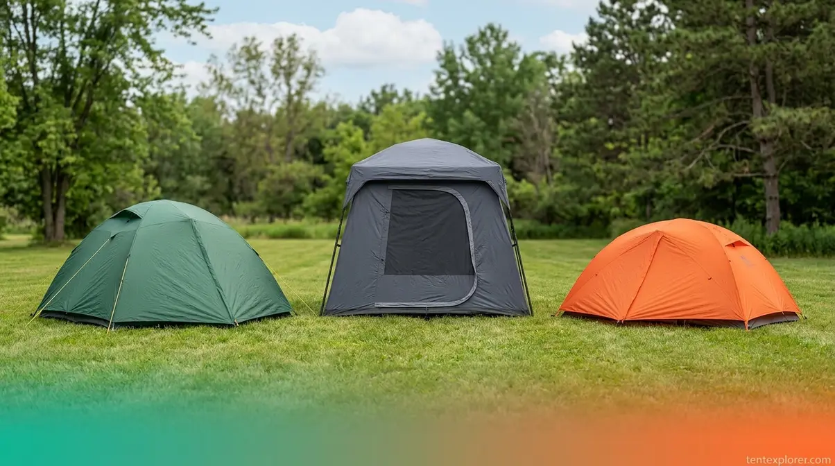 Three tent types side by side — dome, cabin, and backpacking tents compared for beginner campers