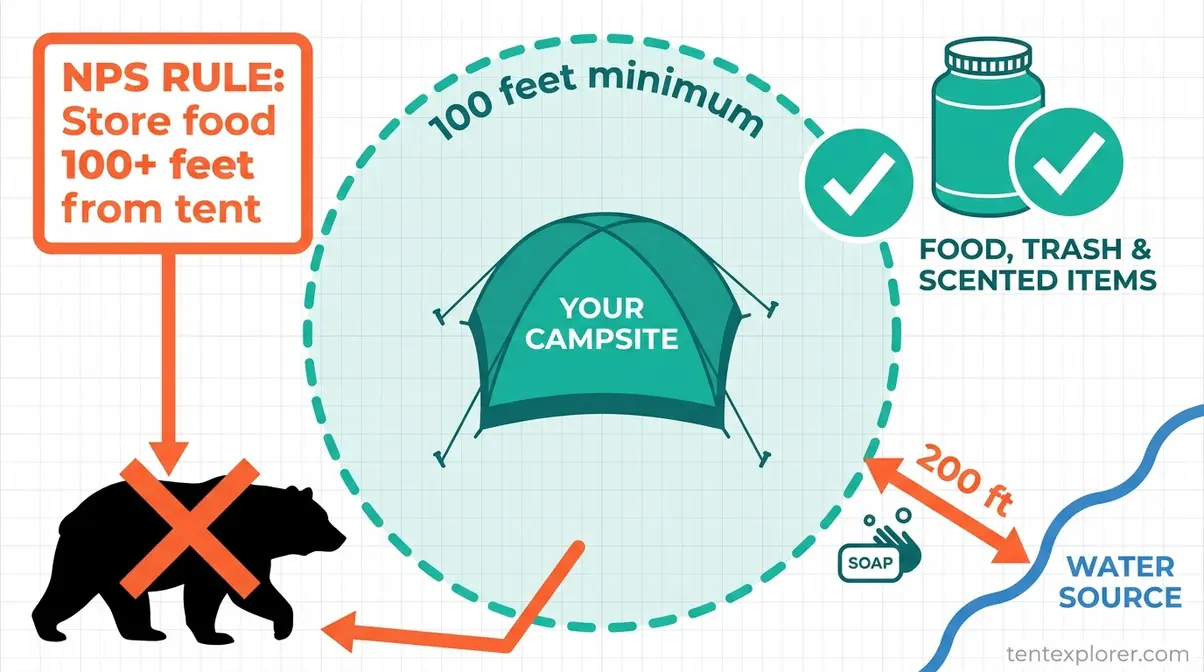 Infographic showing one-hundred-foot bear-safe food storage distance rule from campsite per National Park Service guidelines