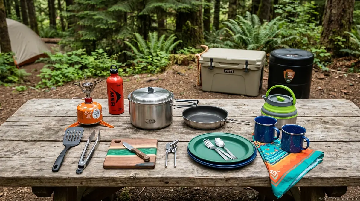 Camp kitchen setup showing stove, cookware, can opener, cooler, and bear canister on picnic table at campsite