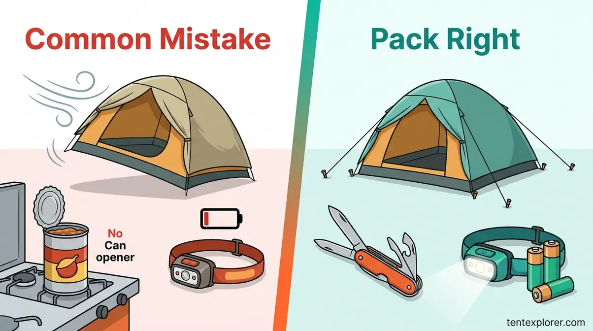 Side-by-side illustration of common camping beginner mistakes versus correct packing solutions for tent camping