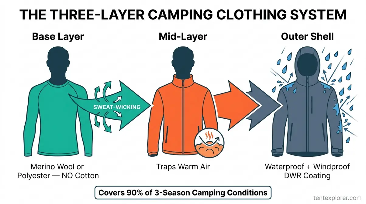 Diagram of camping clothing layering system showing base layer, fleece mid-layer, and waterproof rain jacket outer shell