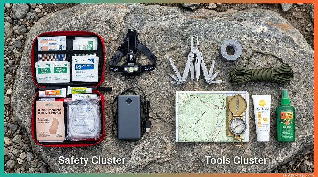 Camping safety gear flat-lay showing first-aid kit, headlamp, multi-tool, compass, and navigation tools