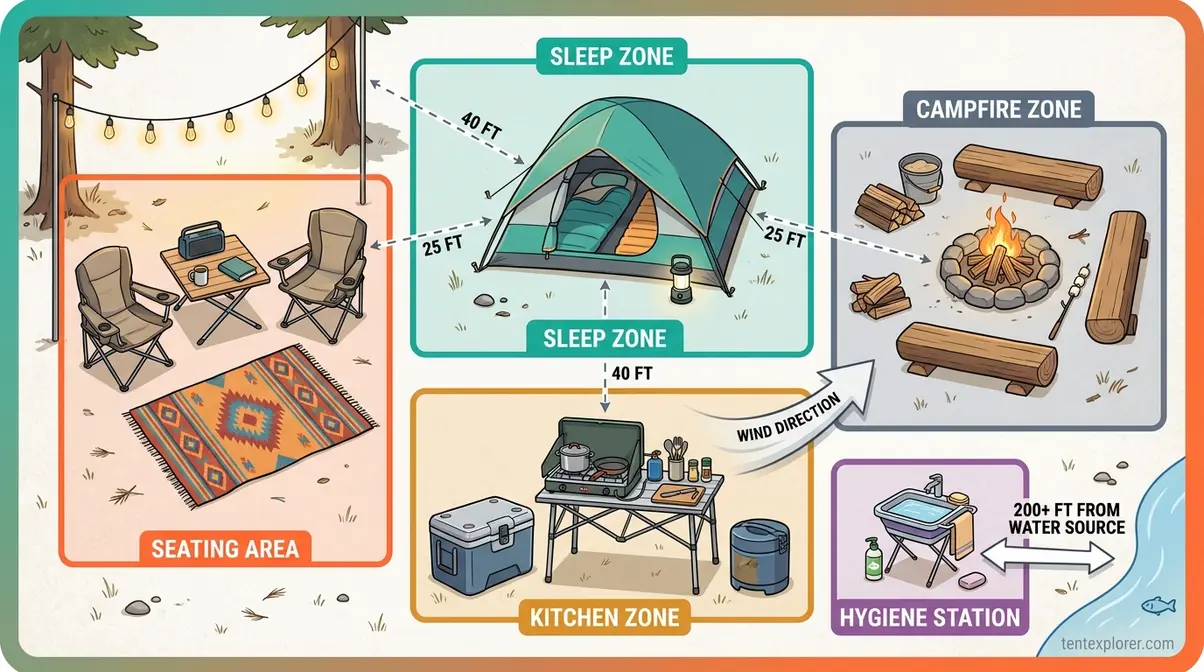 Top-down campsite comfort layout diagram showing tent, seating, kitchen, campfire, and hygiene station placement
