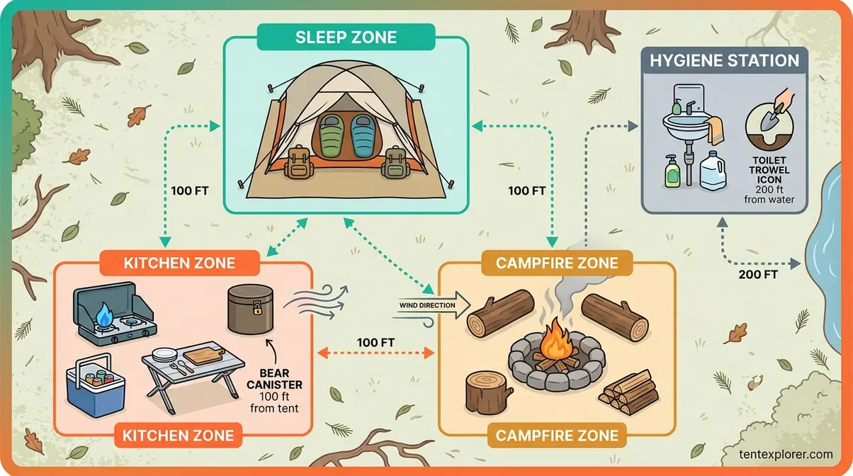 Top-down campsite layout diagram showing tent, kitchen, campfire, and hygiene zone placement for tent camping