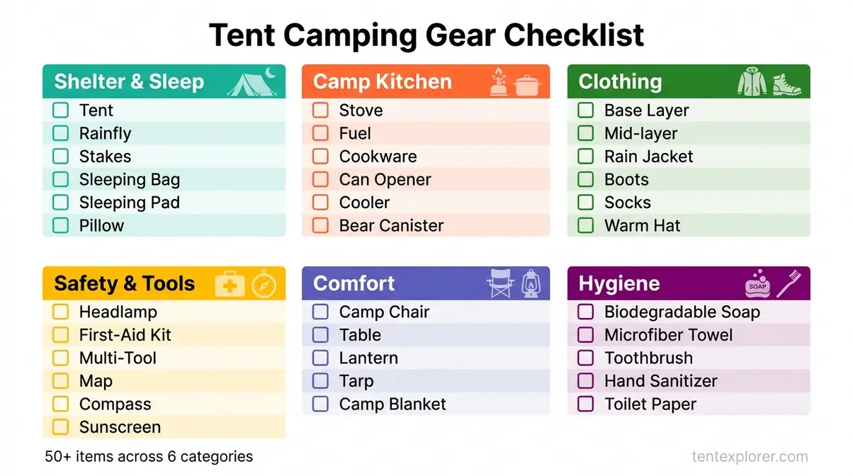 Printable tent camping gear checklist with six color-coded categories and over fifty essential items