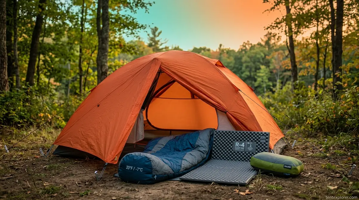 Fully pitched dome tent with rainfly, sleeping bag, and sleeping pad showing complete shelter and sleeping system setup