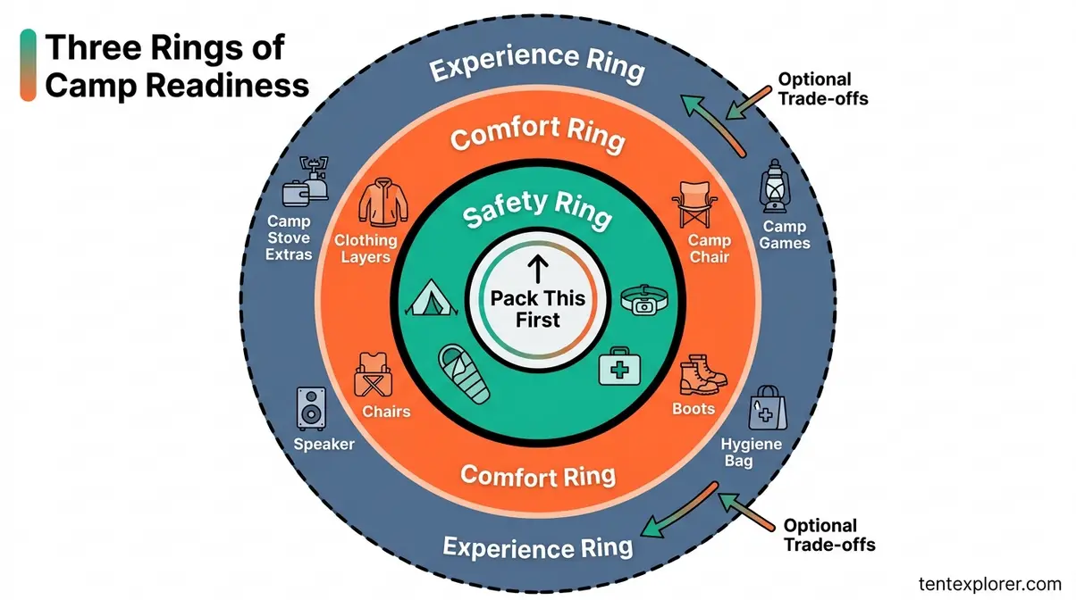Three Rings of Camp Readiness diagram showing safety, comfort, and experience priority rings for tent camping gear checklist