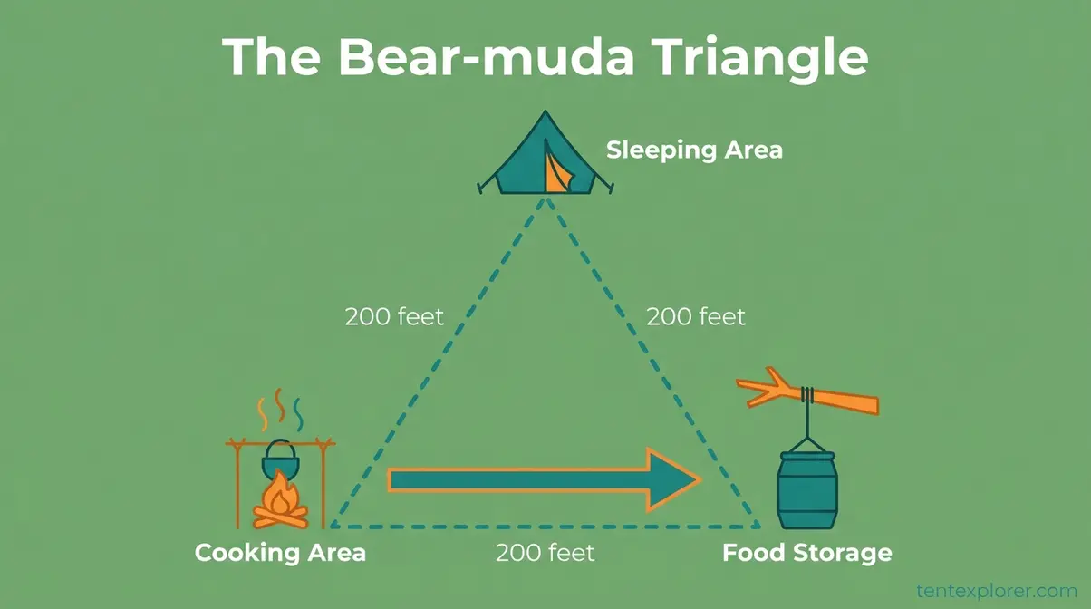 Bear-muda triangle campsite layout diagram showing 200-foot separation between sleeping, cooking, and food storage areas