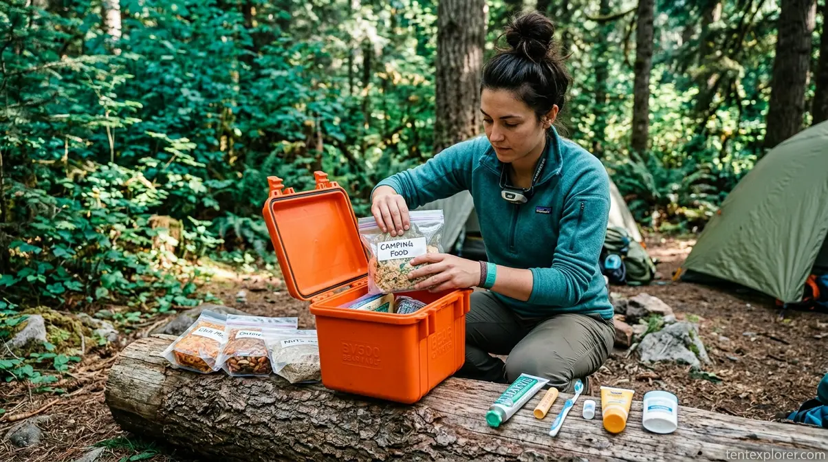 Camper storing food and scented toiletries in a bear canister for tent camping wildlife safety