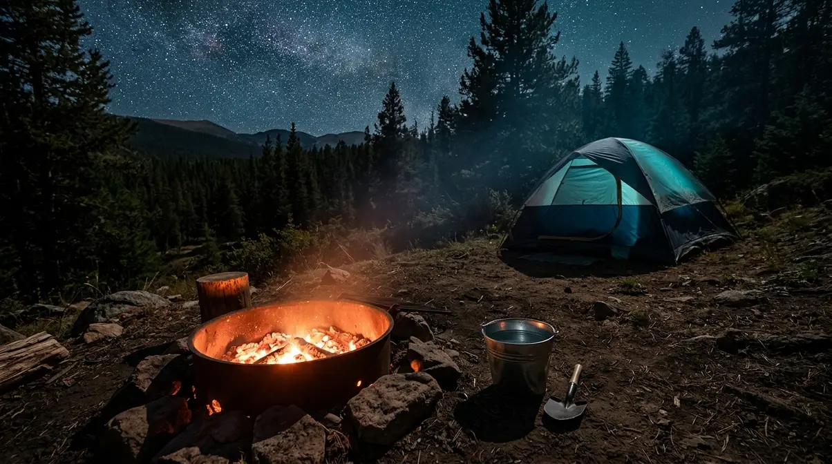 Campfire ring positioned safely 20 feet from tent with water bucket and shovel for fire extinguishing