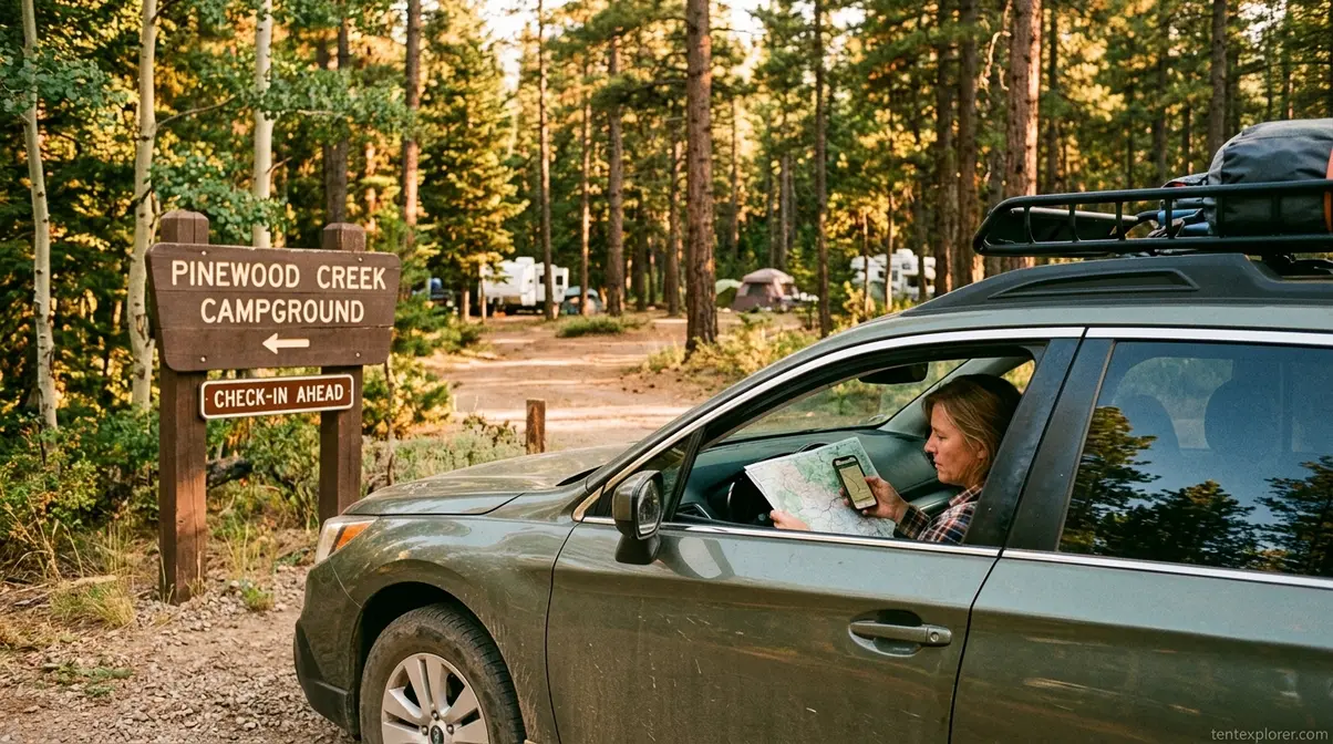Camper arriving at campground entrance in afternoon daylight following the 3-3-3 camping rule