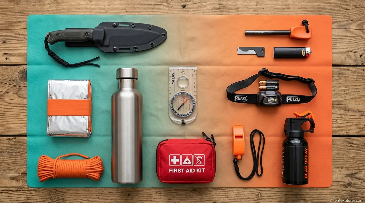 Essential tent camping safety gear flat lay showing the 7 C's: knife, fire starter, shelter, water bottle, paracord, headlamp, and compass