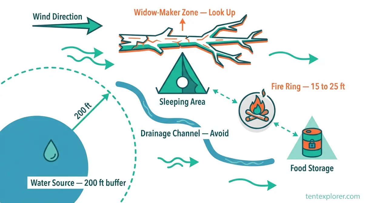 Tent camping safety campsite anatomy diagram showing widow-maker zones, drainage, fire ring distance, and food storage layout