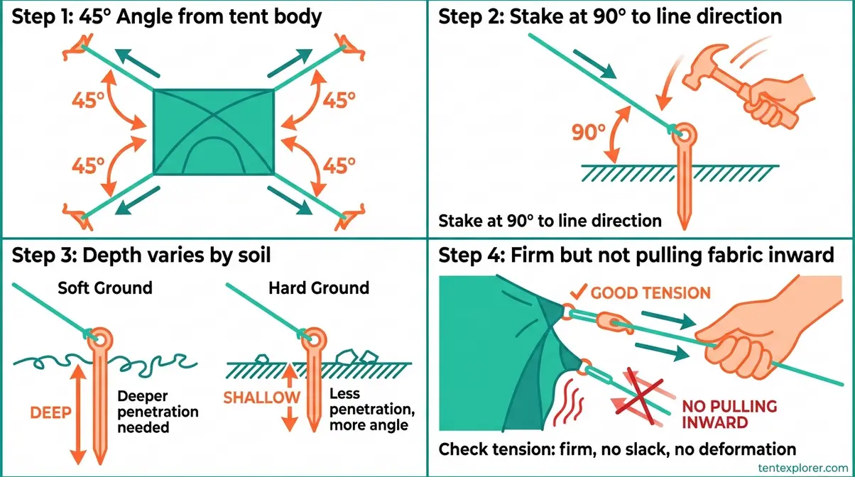 Tent guyline securing tutorial diagram showing correct 45-degree angle and stake orientation for storm preparedness