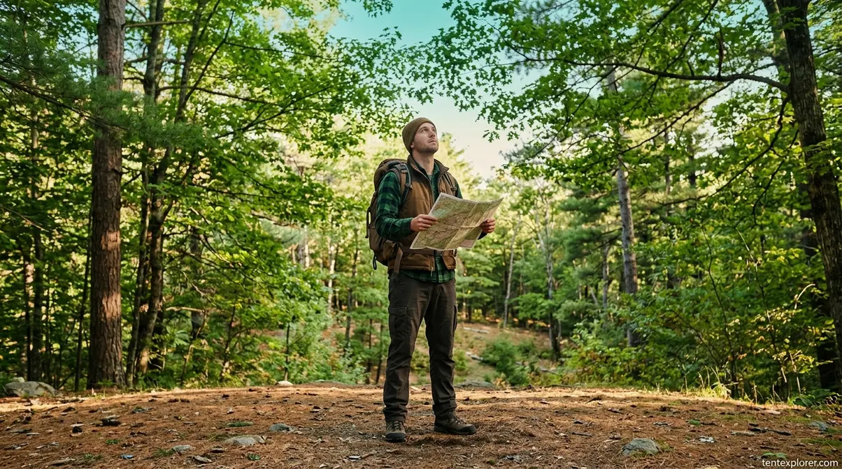 Camper inspecting tree canopy overhead to identify widow-makers during safe campsite selection
