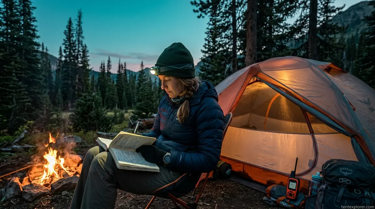 Solo camper writing itinerary at dusk with satellite communicator visible for tent camping security