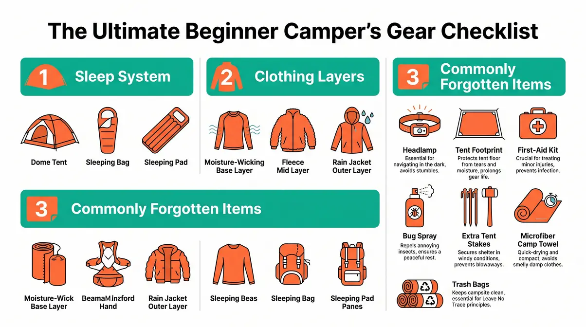 Illustrated gear checklist infographic for first-time tent campers covering sleep system, clothing layers, and forgotten items