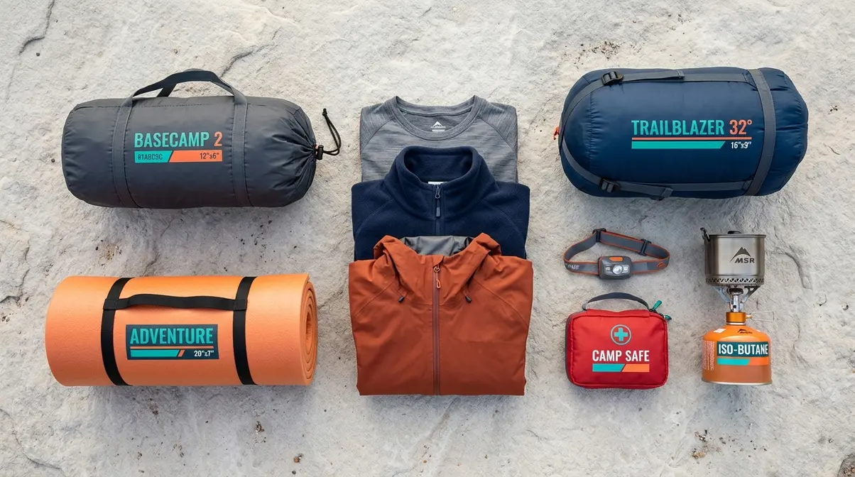 Flat-lay of essential beginner camping gear including tent, sleeping bag, sleeping pad, and clothing layers