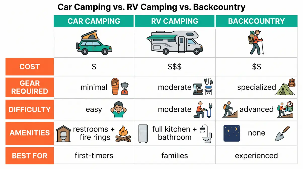 Infographic comparing car camping, RV camping, and backcountry tent camping across cost, gear, and difficulty for beginners