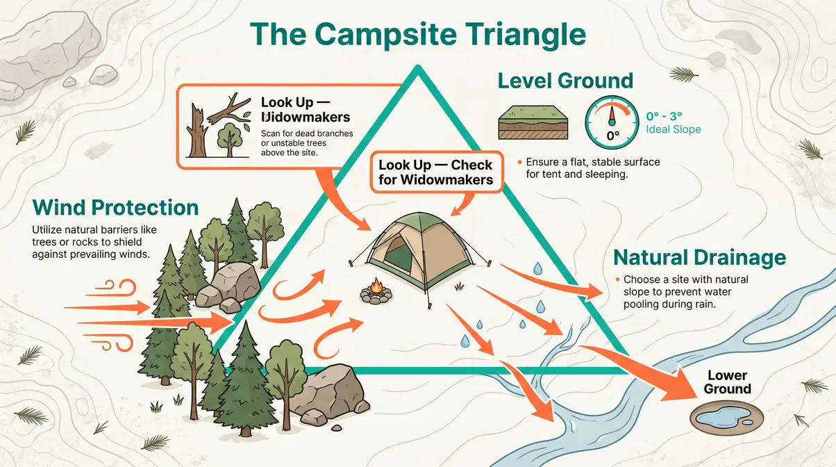 Diagram of the Campsite Triangle framework showing level ground, natural drainage, and wind protection for tent camping beginners