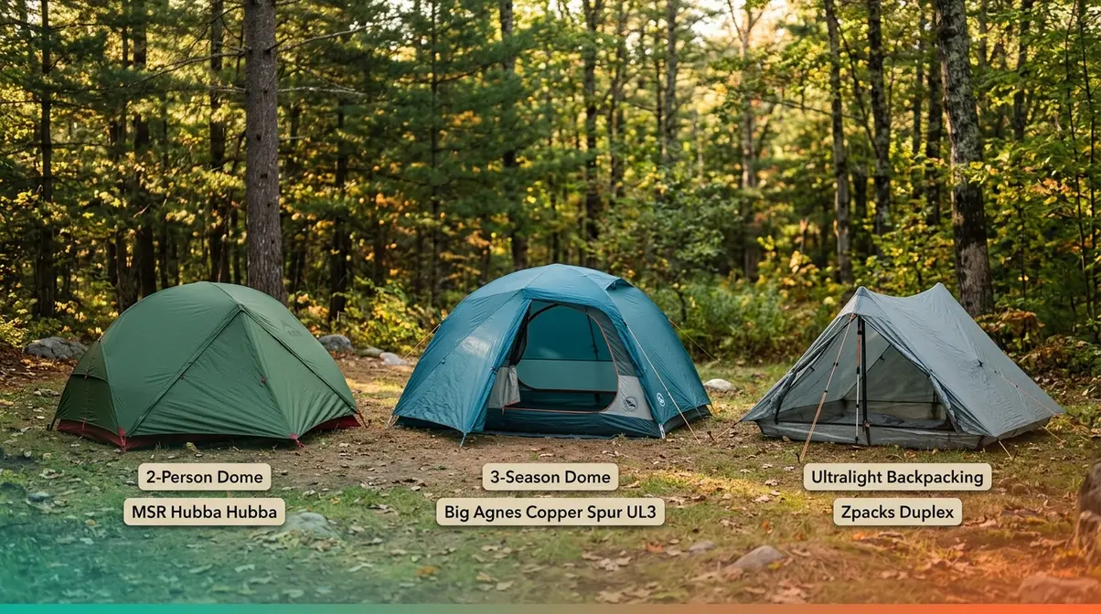 Three tent types side by side showing two-person dome, three-season dome, and ultralight backpacking tent options for beginners