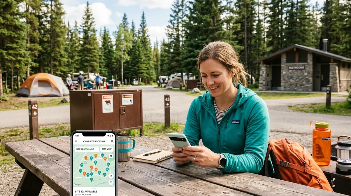 Camper using smartphone app to find and book a campsite at a developed campground with fire ring and bear box