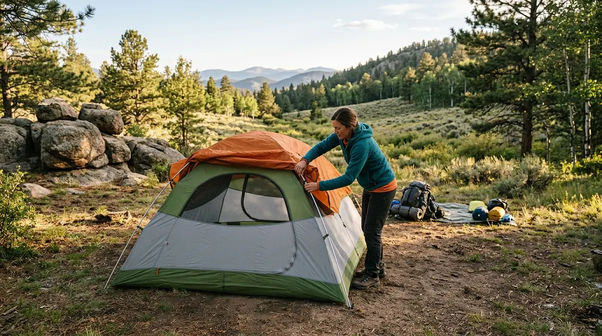 Camper attaching rainfly to dome tent at a well-chosen campsite with natural windbreak and level ground