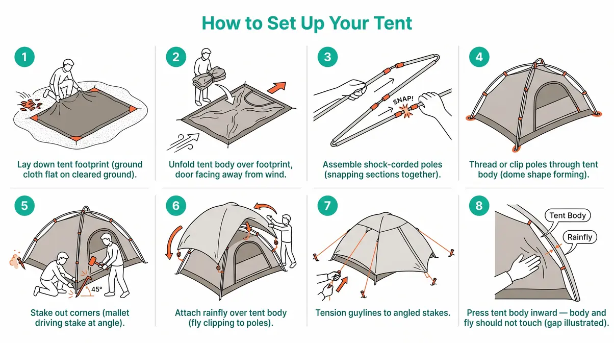 Illustrated eight-step tent setup guide for beginners from footprint placement to rainfly tensioning and final gap check