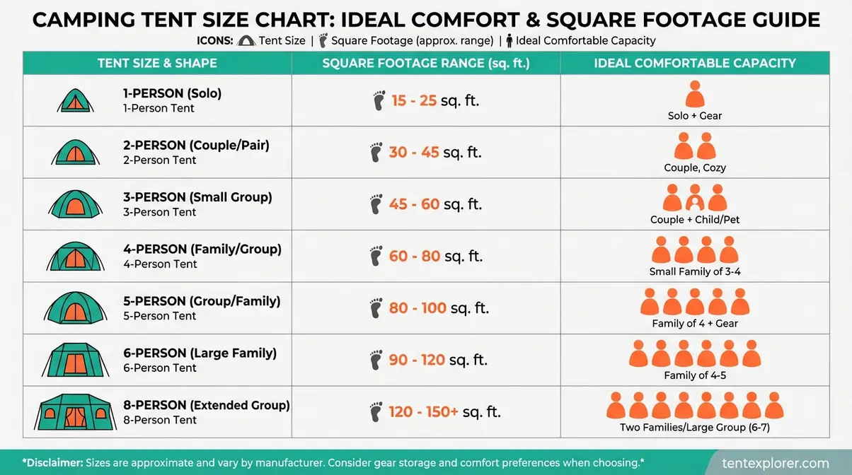 Camping tent size chart showing rated capacity and floor area in square feet