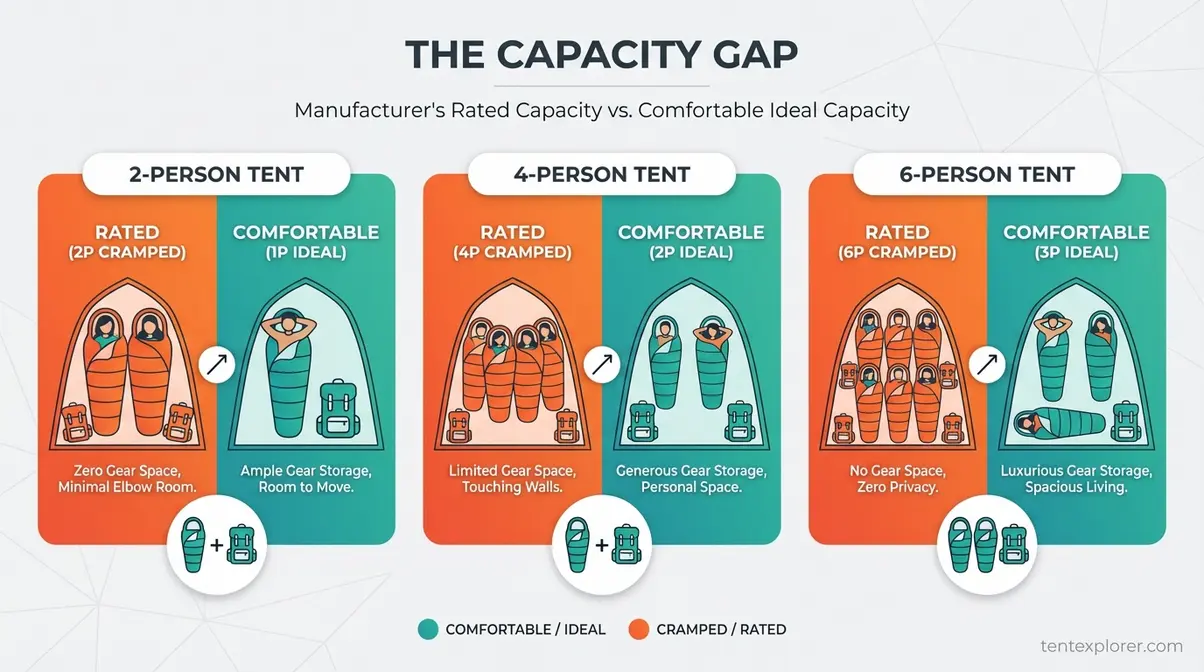 Visual comparison infographic showing The Capacity Gap between rated and ideal tent capacity