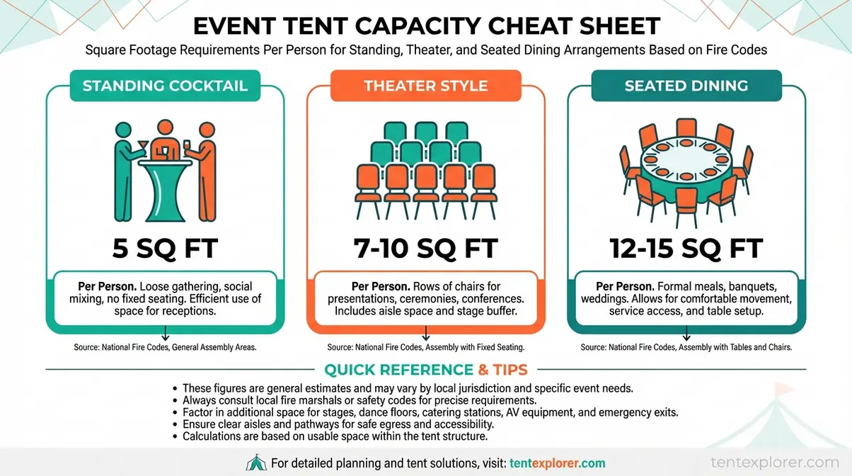 Event tent capacity reference chart showing square footage per person arrangements