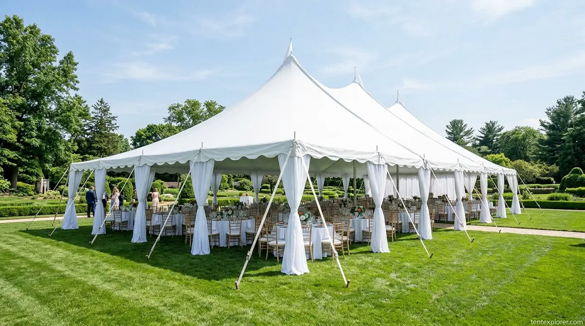 Large white event canopy tent set up for a reception with round tables