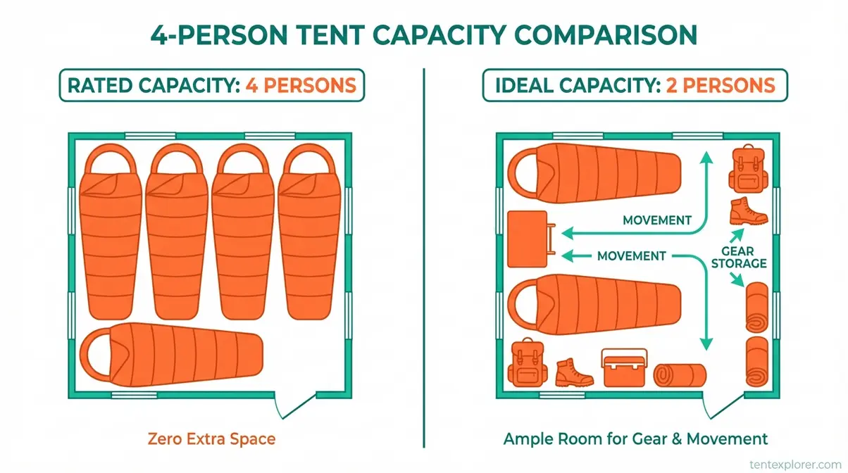 Top-down floor plan comparing a 4-person tent at rated capacity versus ideal capacity