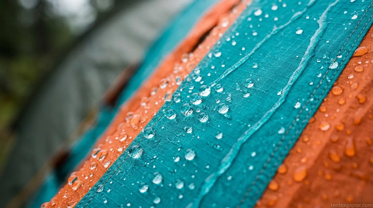 Heavy rain beading on a waterproof tent rainfly demonstrating hydrostatic head ratings