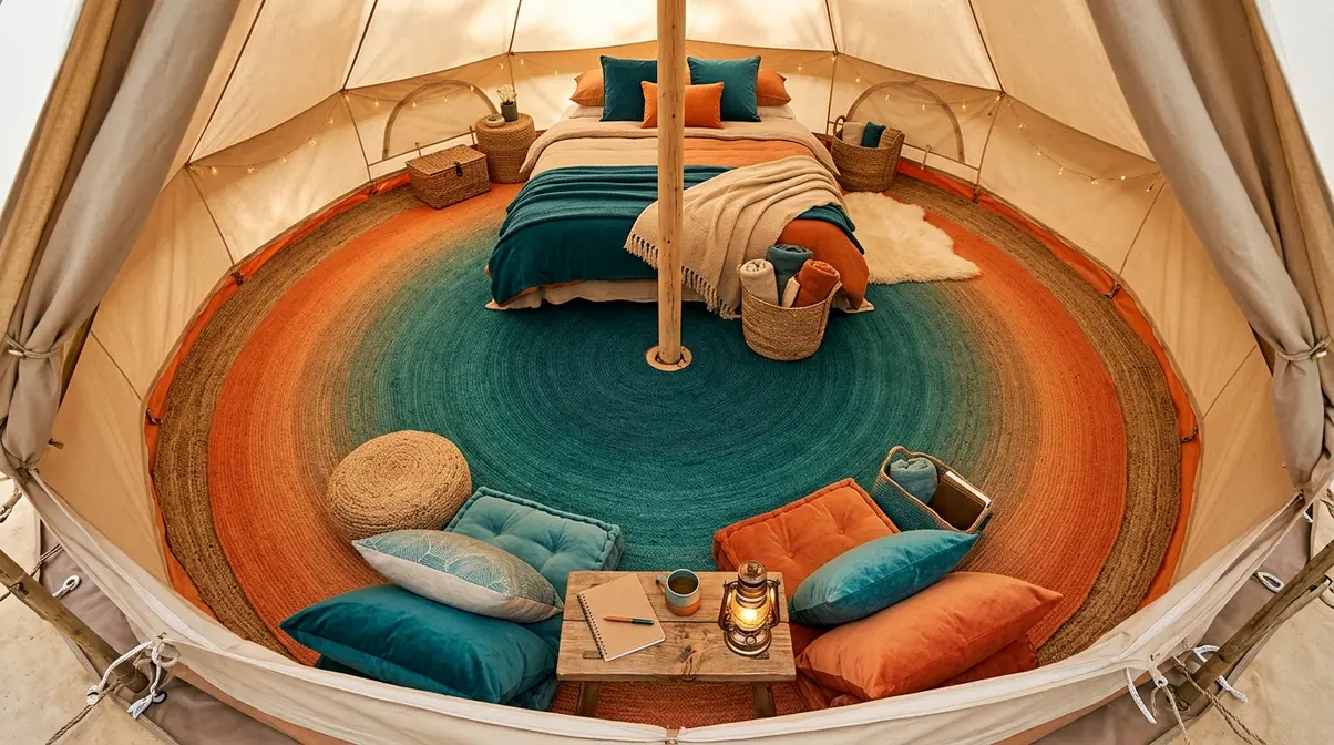 Bell tent interior with circular full-moon carpet fitted perfectly to curved canvas walls