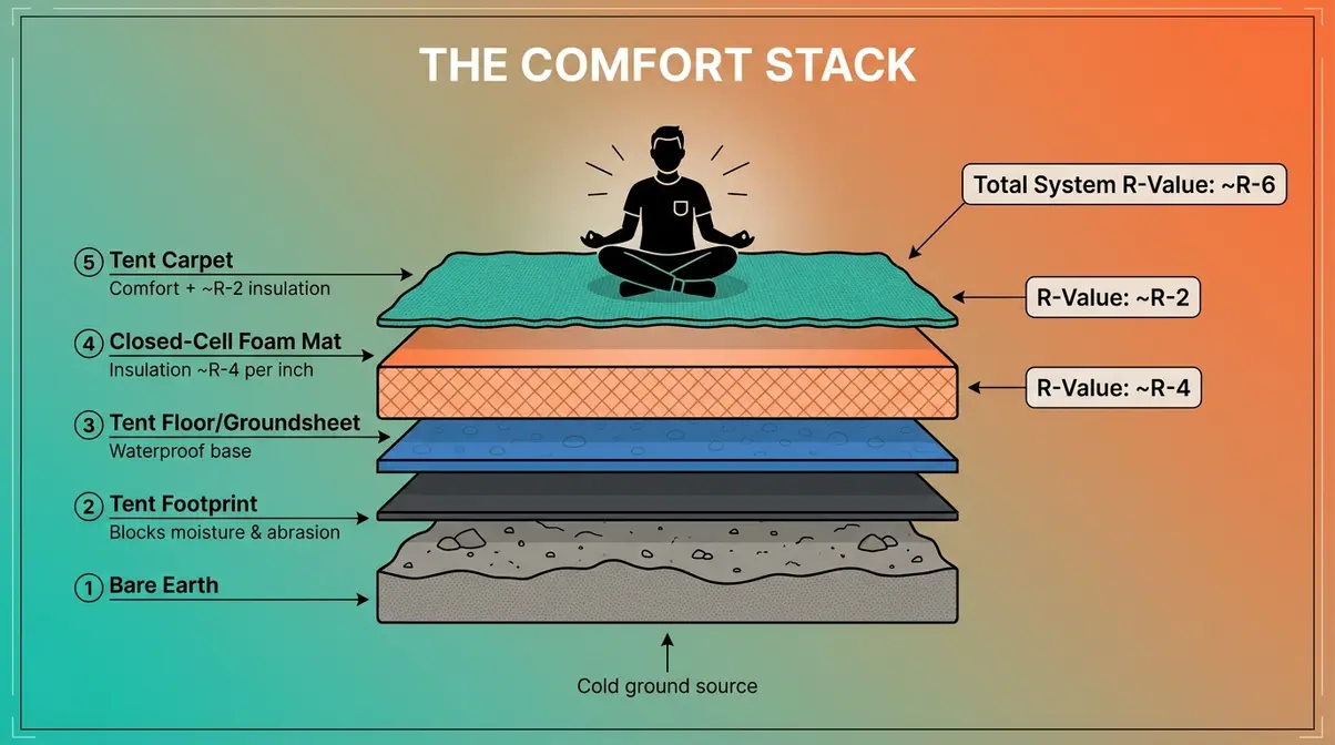The Comfort Stack diagram showing tent carpet insulation layers from ground to camper