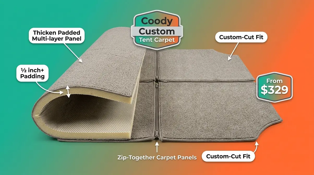 Coody Custom Tent Carpet showing thick half-inch padded construction and non-slip dot backing