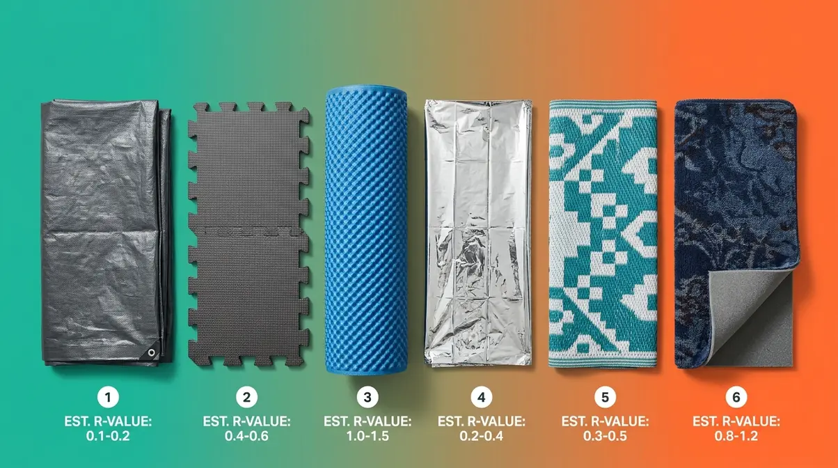 DIY tent flooring layers for The Comfort Stack showing six cold-weather camping floor options