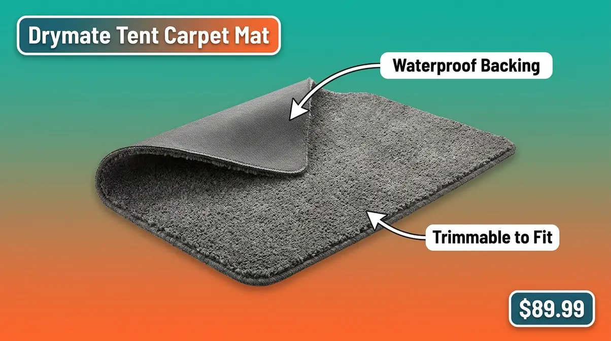 Drymate Tent Carpet Mat showing soft polyester surface and waterproof non-slip rubber backing
