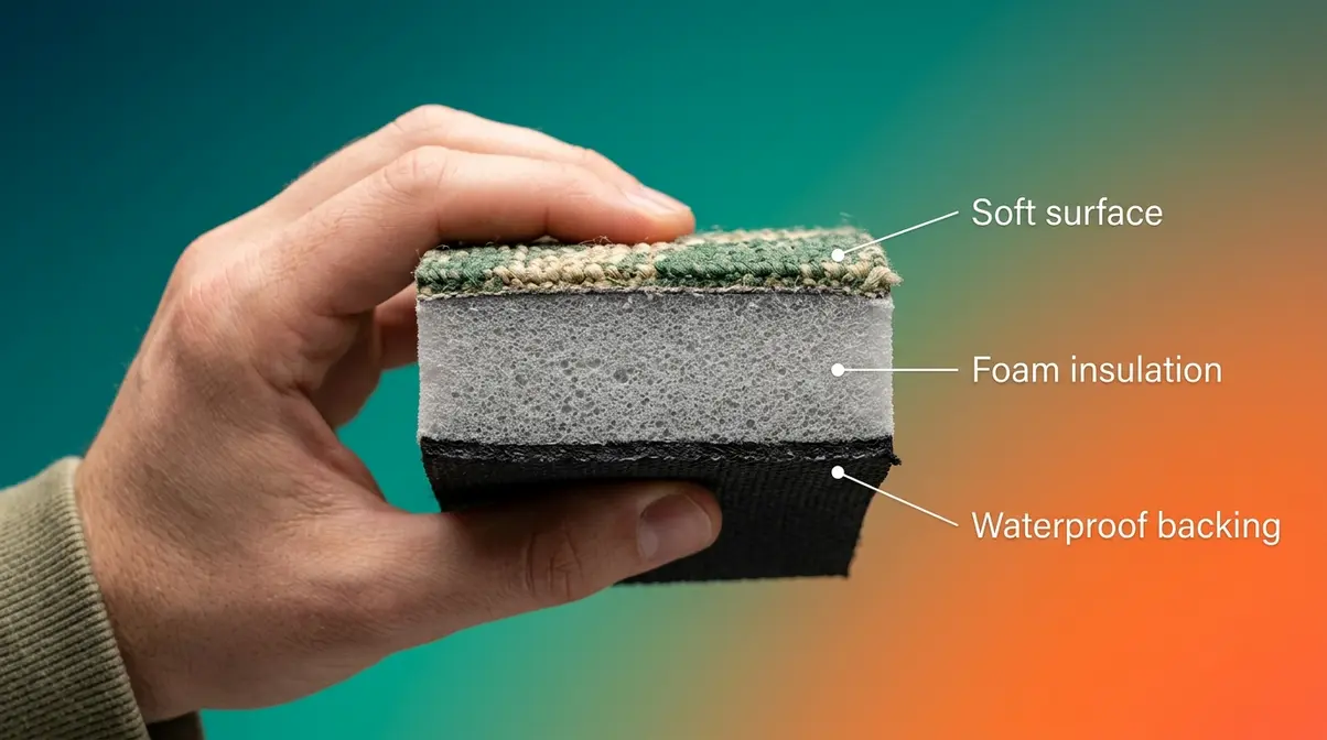 Close-up of tent carpet cross-section showing soft surface, foam insulation layer, and waterproof backing