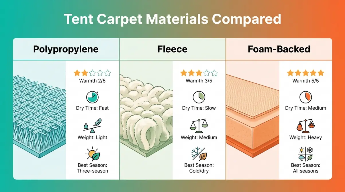 Comparison of tent carpet materials — polypropylene, fleece, and foam-backed cross-sections