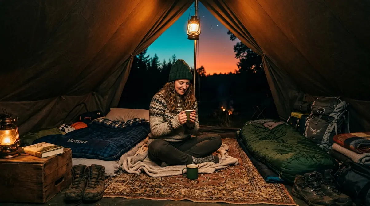 Camper sitting comfortably on a tent carpet inside a warm, cosy camping tent at night