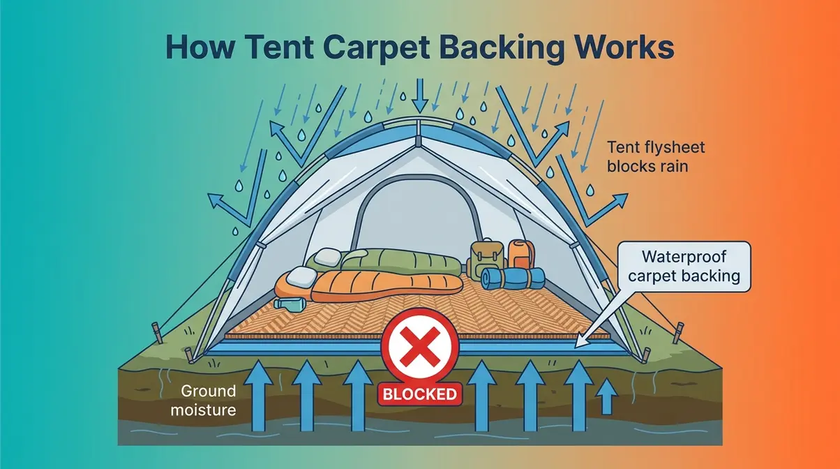 Diagram showing waterproof tent carpet backing blocking ground moisture from below