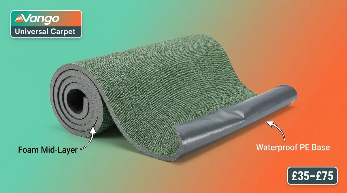 Vango Universal Tent Carpet rolled to show woven nylon top, foam mid-layer, and PE waterproof base