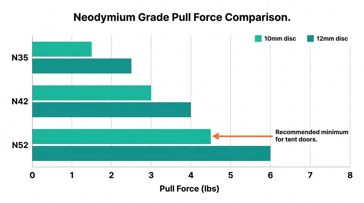 Chart comparing tent door magnet security pull force across N35, N42, and N52 grades for different disc sizes