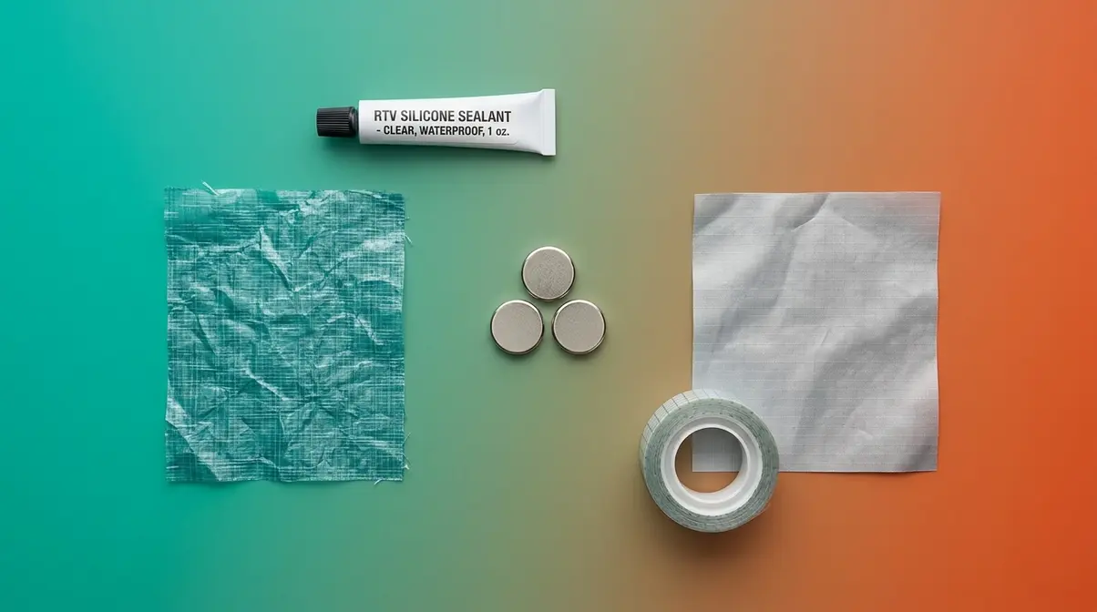 N52 Neodymium disc magnets alongside DCF fabric, silnylon swatch, and RTV silicone sealant for tent door installation
